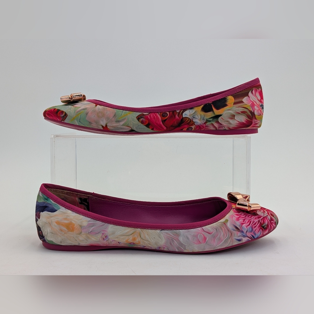 Ted Baker London IMME 2 Sz 9  Vibrant Floral Pink Ballet Flats Rosegold Bows - Picture 14 of 17